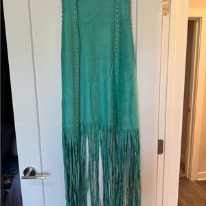 Crazy Train Teal Patterned Faux Suede Fringe Studded Open Front Long Vest